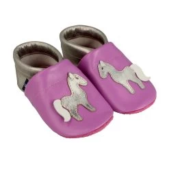 Hausschuhe / Lederpuschen Mit Pferd In Lila / Silber