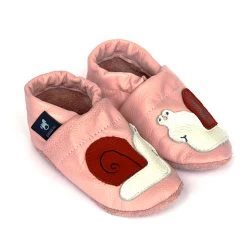 Hausschuhe / Lederpuschen Mit Schnecke In Rosa / Weiß