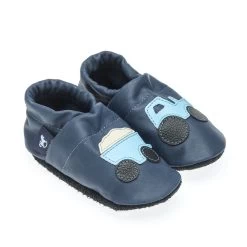 Hausschuhe / Lederpuschen Mit Traktor In Blau / Hellblau