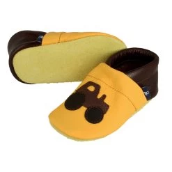 Hausschuhe / Lederpuschen Mit Traktor In Gelb / Dunkelbraun -Günstiges Schuh Himmel Geschäft pantau its a small world hausschuhe lederpuschen mit traktor in gelb dunkelbraun 2