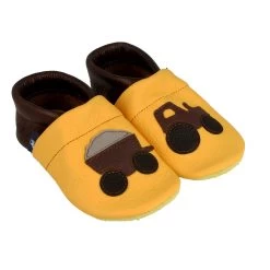 Hausschuhe / Lederpuschen Mit Traktor In Gelb / Dunkelbraun