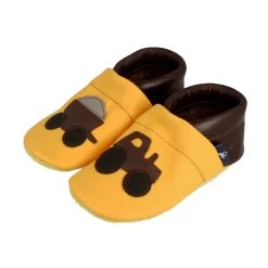 Hausschuhe / Lederpuschen Mit Traktor In Gelb / Dunkelbraun -Günstiges Schuh Himmel Geschäft pantau its a small world hausschuhe lederpuschen mit traktor in gelb dunkelbraun 3