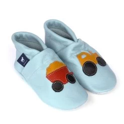 Hausschuhe / Lederpuschen Mit Traktor In Hellblau / Gelb