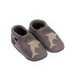 Krabbelschuhe / Lederpuschen Mit Delfin In Grau / Beige