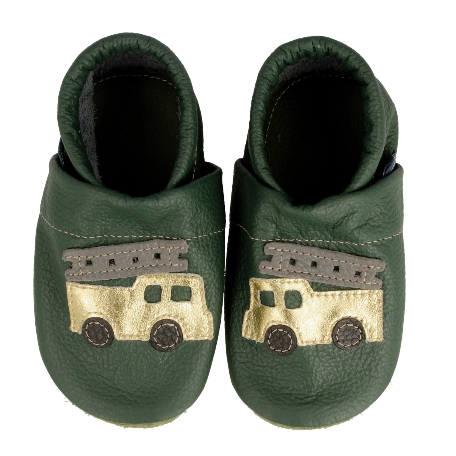 Krabbelschuhe / Lederpuschen Mit Feuerwehr In Grün / Gold 2 Krabbelschuhe / Lederpuschen Mit Feuerwehr In Grün / Gold – Bild 2