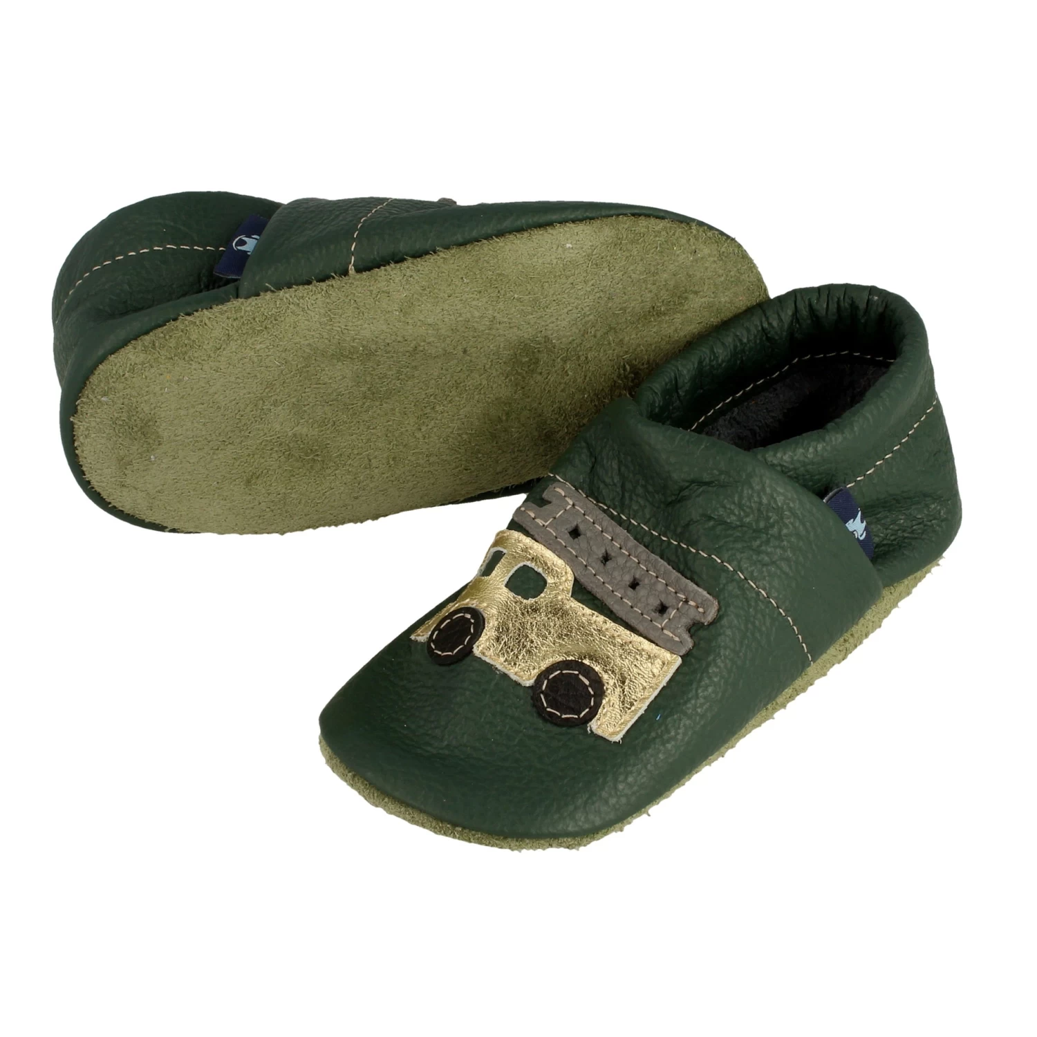 Krabbelschuhe / Lederpuschen Mit Feuerwehr In Grün / Gold 3 Krabbelschuhe / Lederpuschen Mit Feuerwehr In Grün / Gold – Bild 3