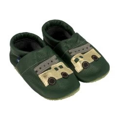 Krabbelschuhe / Lederpuschen Mit Feuerwehr In Grün / Gold