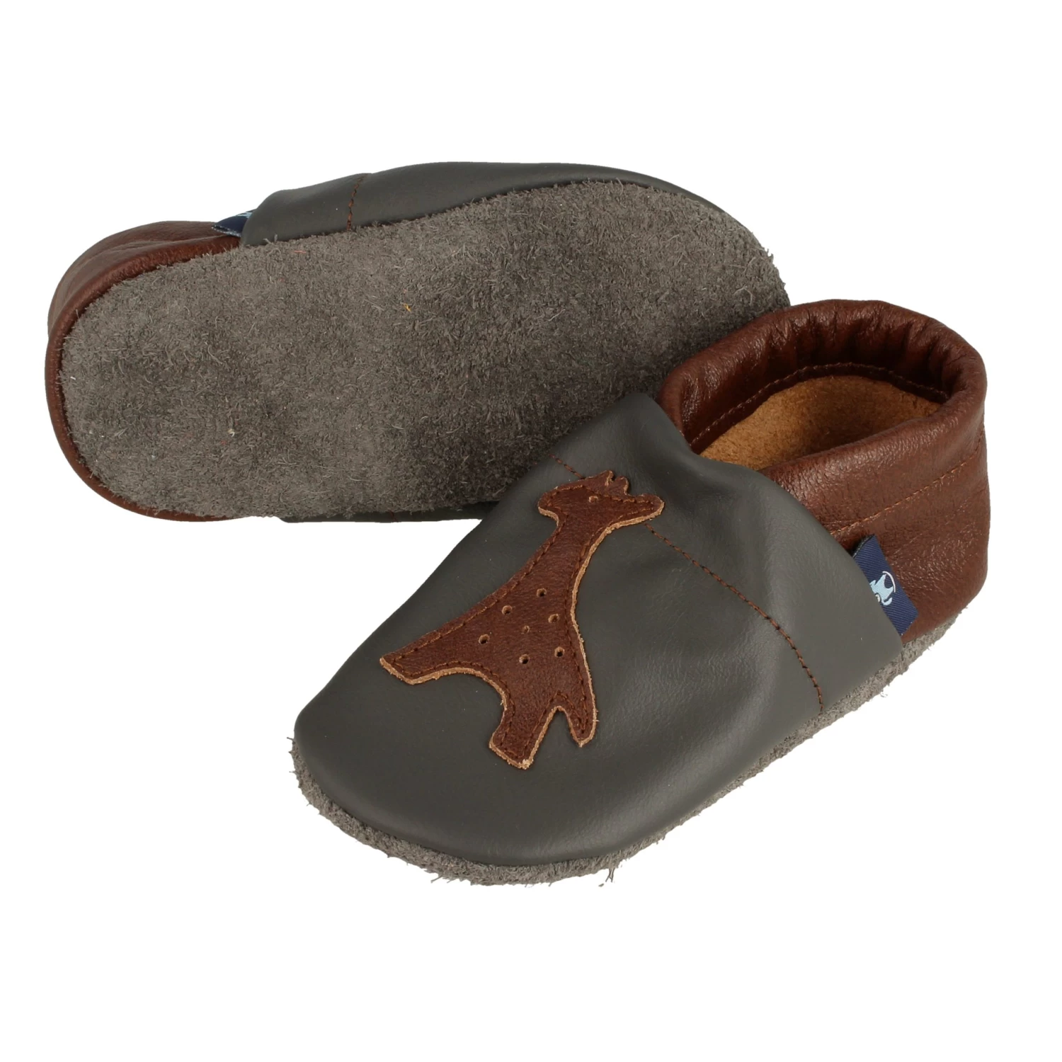 Krabbelschuhe / Lederpuschen Mit Giraffe In Grau / Braun 3 Krabbelschuhe / Lederpuschen Mit Giraffe In Grau / Braun – Bild 3