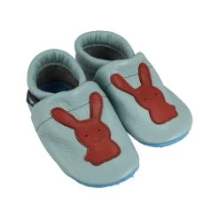 Krabbelschuhe / Lederpuschen Mit Hase In Hellblau / Braun