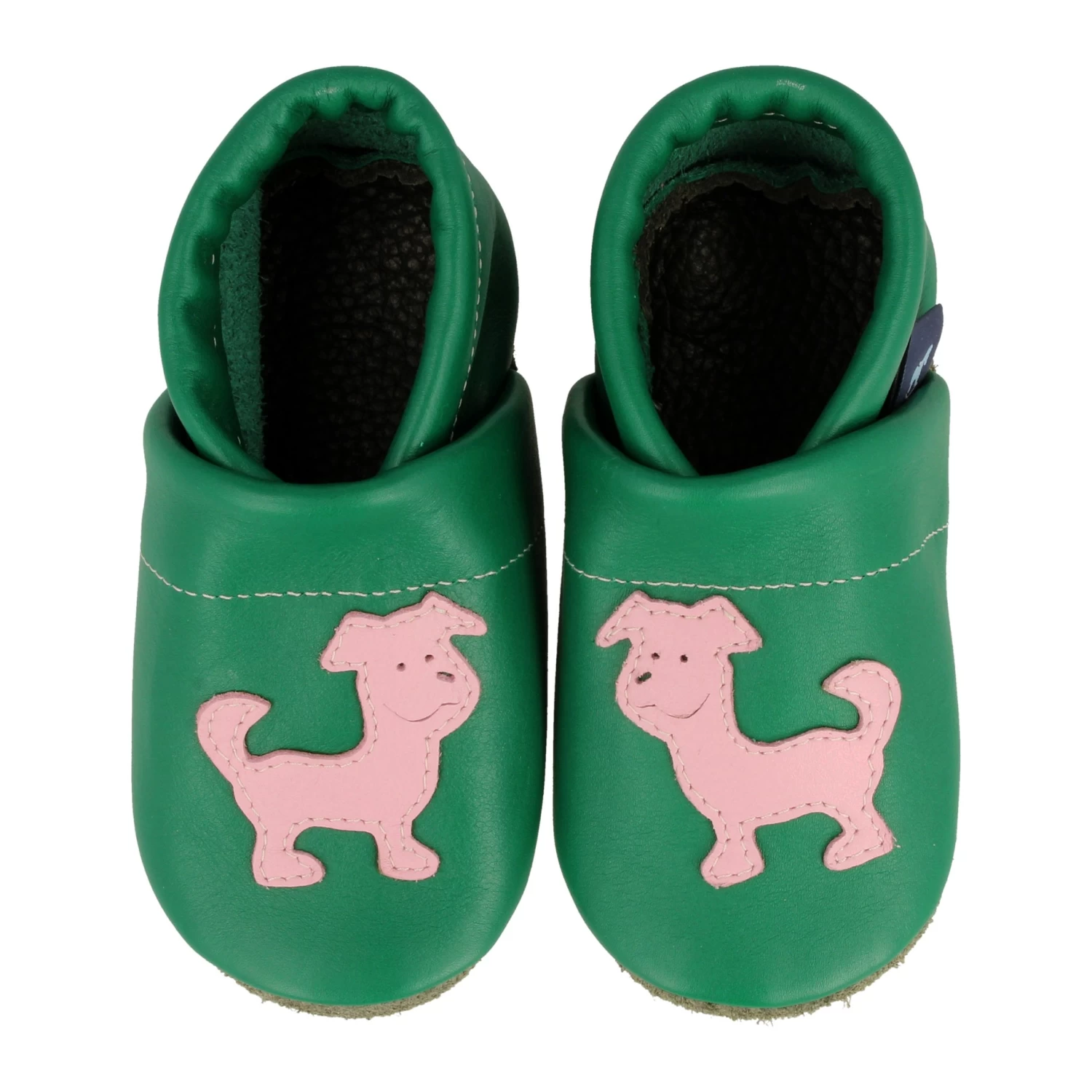 Krabbelschuhe / Lederpuschen Mit Hund In Grün / Rosa 2 Krabbelschuhe / Lederpuschen Mit Hund In Grün / Rosa – Bild 2