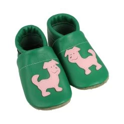 Krabbelschuhe / Lederpuschen Mit Hund In Grün / Rosa