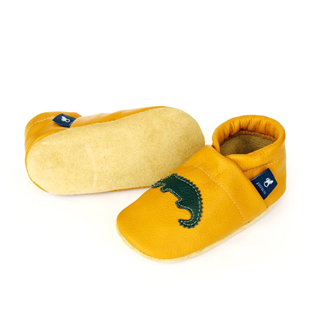 Krabbelschuhe / Lederpuschen Mit Krokodil In Gelb / Grün 2 Krabbelschuhe / Lederpuschen Mit Krokodil In Gelb / Grün – Bild 2