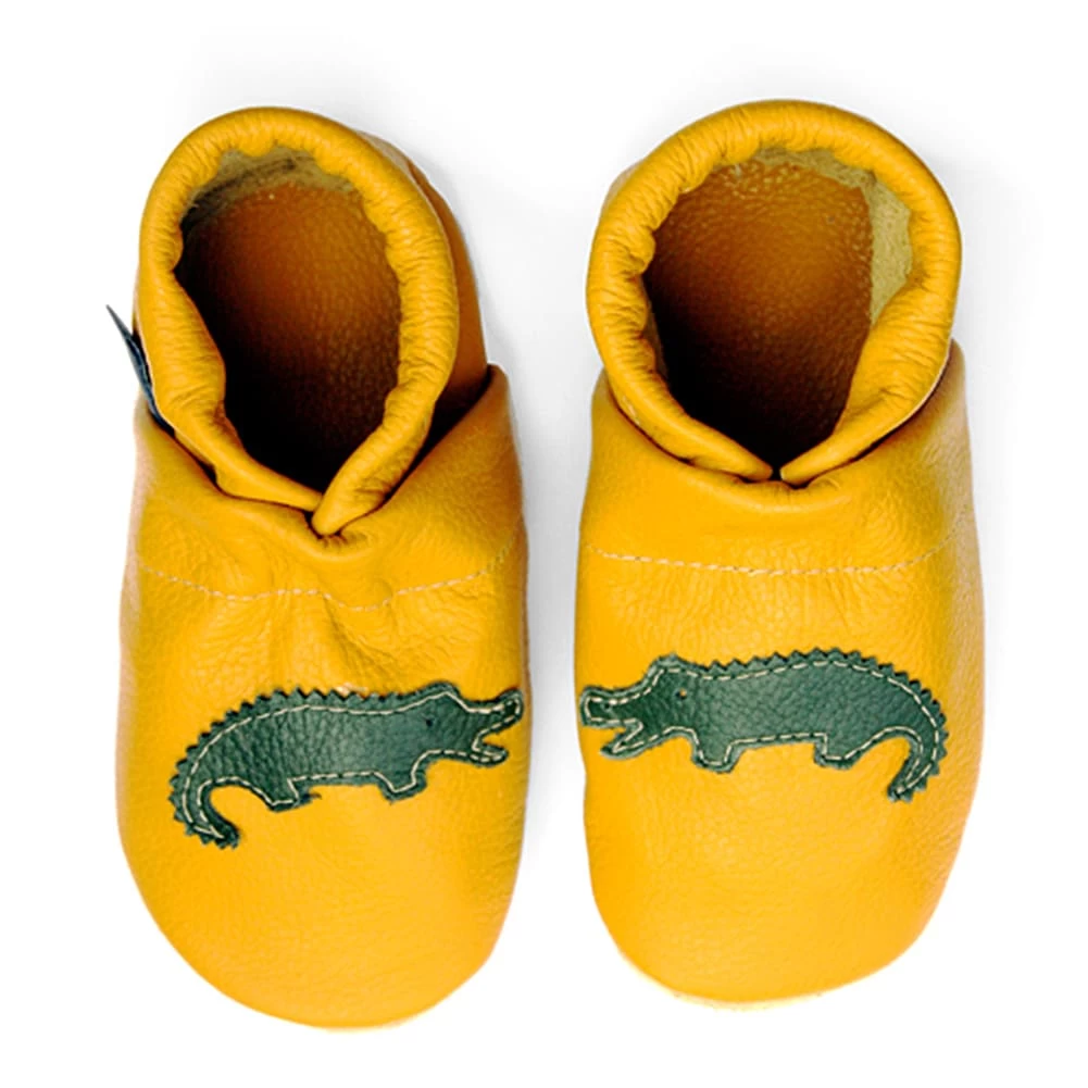 Krabbelschuhe / Lederpuschen Mit Krokodil In Gelb / Grün 3 Krabbelschuhe / Lederpuschen Mit Krokodil In Gelb / Grün – Bild 3
