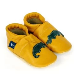 Krabbelschuhe / Lederpuschen Mit Krokodil In Gelb / Grün