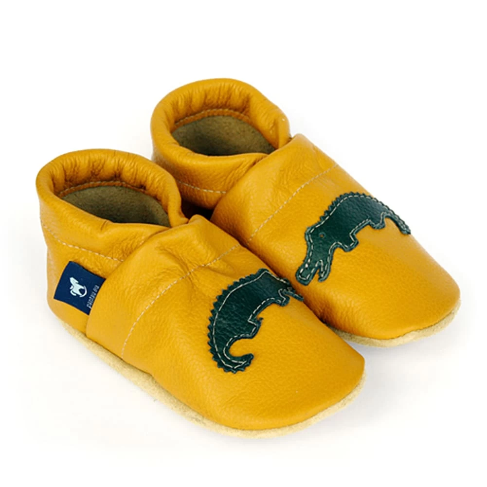 Krabbelschuhe / Lederpuschen Mit Krokodil In Gelb / Grün 1 Krabbelschuhe / Lederpuschen Mit Krokodil In Gelb / Grün