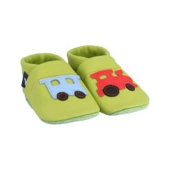 Krabbelschuhe / Lederpuschen Mit Lokomotive In Apfelgrün / Rot