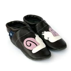 Krabbelschuhe / Lederpuschen Mit Schnecke In Dunkelbraun / Weiß