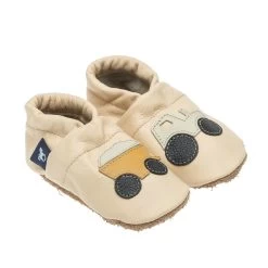 Krabbelschuhe / Lederpuschen Mit Traktor In Apricot / Beige