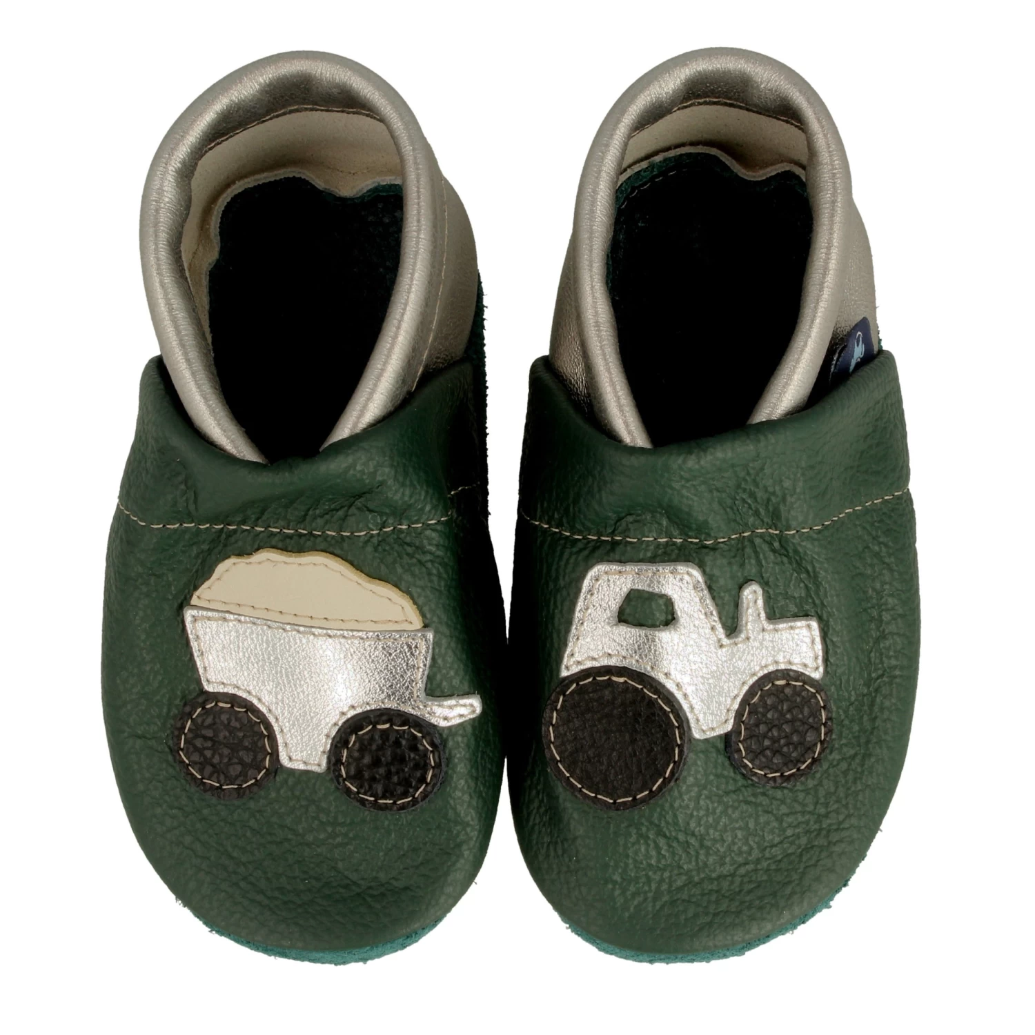 Krabbelschuhe / Lederpuschen Mit Traktor In Grün / Silber 2 Krabbelschuhe / Lederpuschen Mit Traktor In Grün / Silber – Bild 2