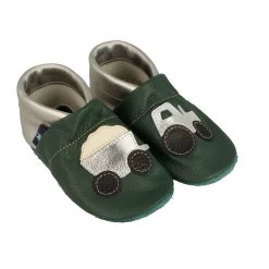 Krabbelschuhe / Lederpuschen Mit Traktor In Grün / Silber