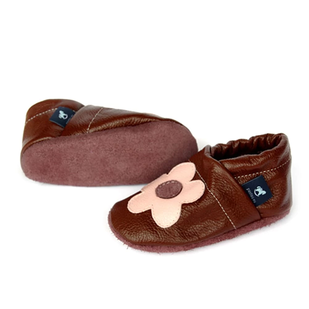 Lauflernschuhe / Lederpuschen Mit Blume In Braun / Rosa 2 Lauflernschuhe / Lederpuschen Mit Blume In Braun / Rosa – Bild 2