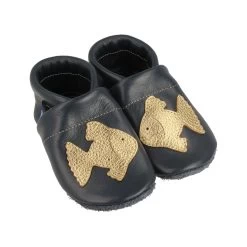 Lauflernschuhe / Lederpuschen Mit Fisch In Blau / Gold