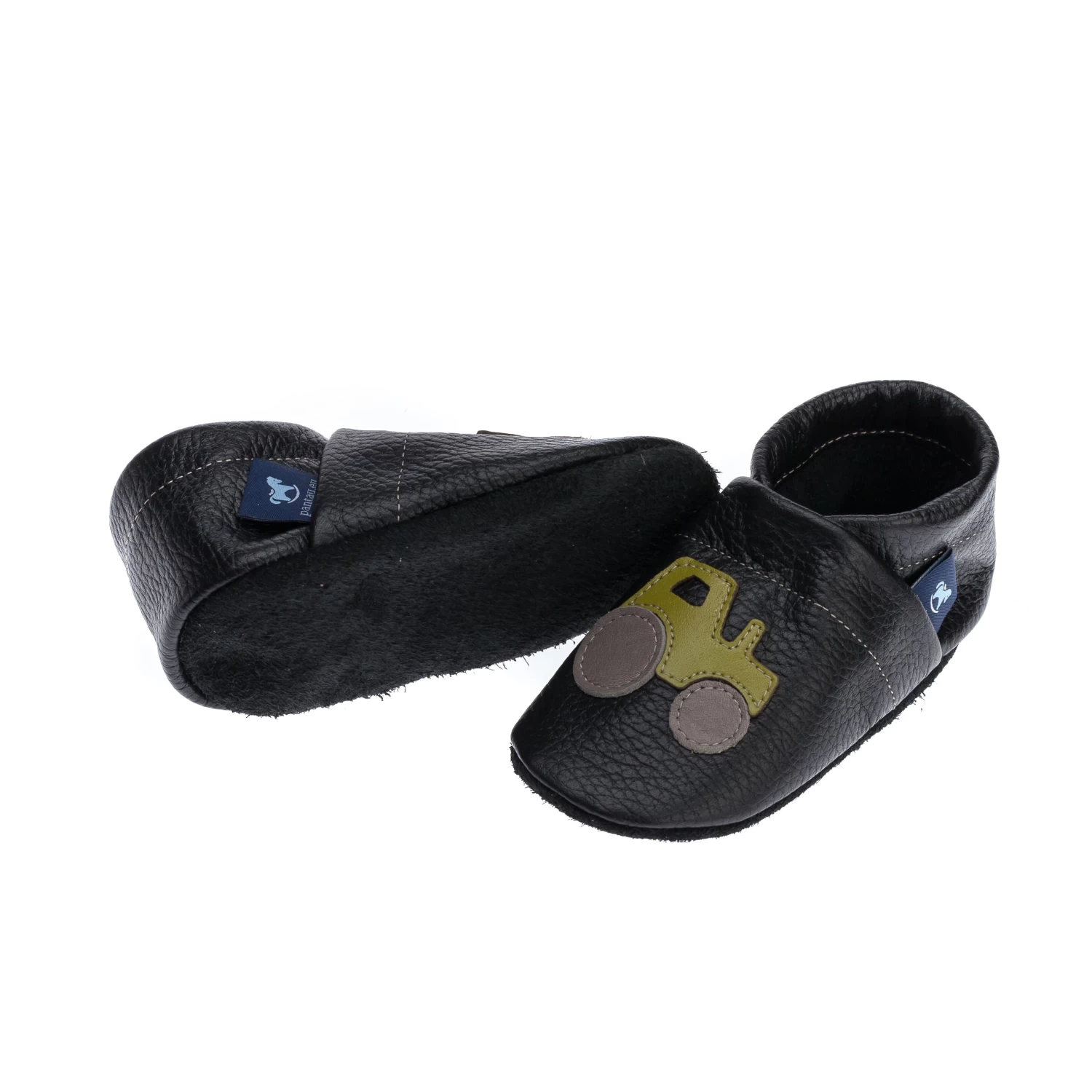 Lauflernschuhe / Lederpuschen Mit Traktor In Schwarz / Apfelgrün 3 Lauflernschuhe / Lederpuschen Mit Traktor In Schwarz / Apfelgrün – Bild 3