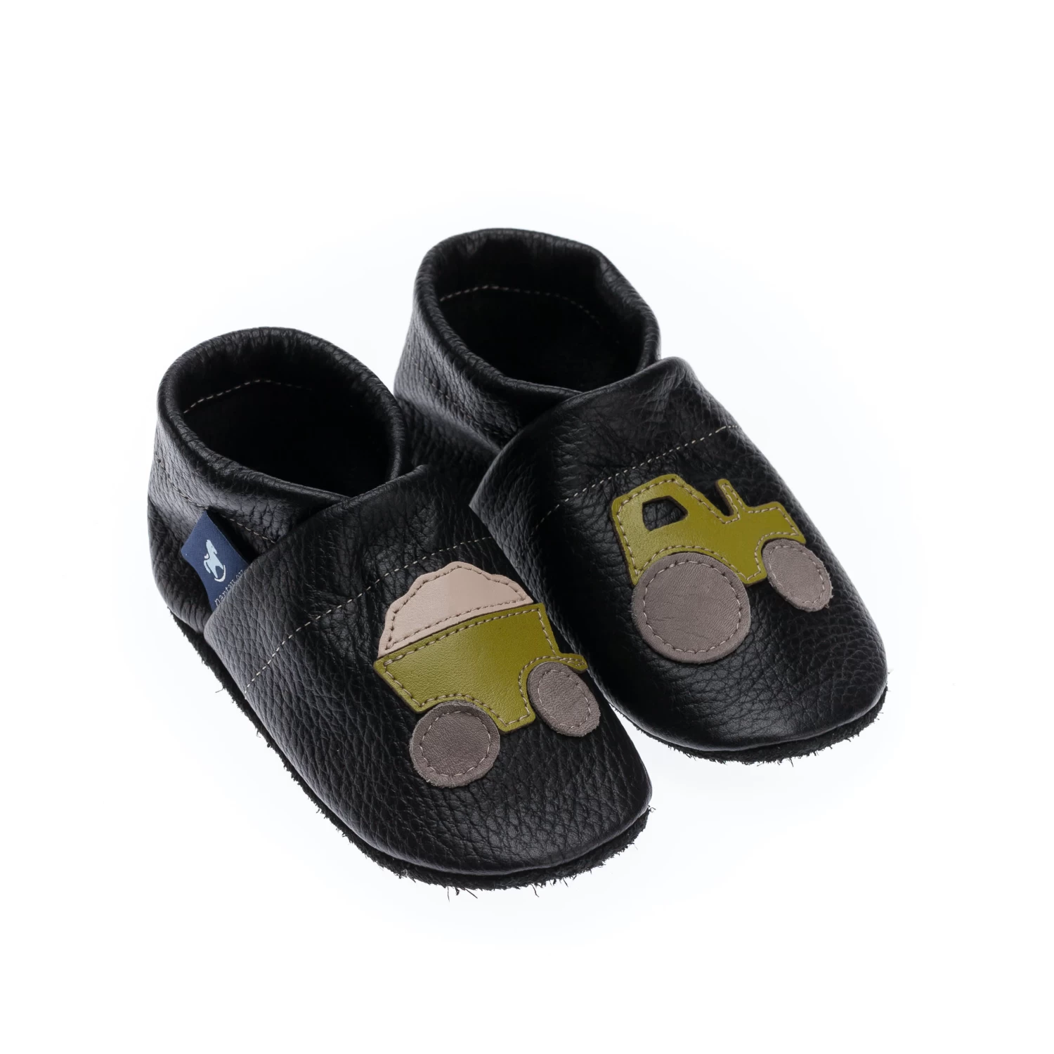 Lauflernschuhe / Lederpuschen Mit Traktor In Schwarz / Apfelgrün 1 Lauflernschuhe / Lederpuschen Mit Traktor In Schwarz / Apfelgrün