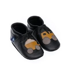 Lauflernschuhe / Lederpuschen Mit Traktor In Schwarz / Gelb