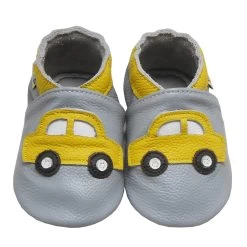 Leder-Krabbelschuhe "Auto" In Gelb / Hellgrau